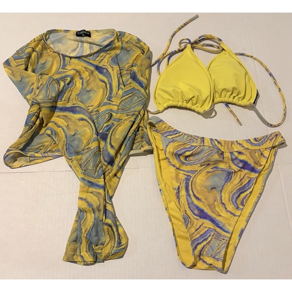ICON Other - Icon Swim Size XL Bikini Set Plus Cover Up Shirt Long Sleeve Cheeky Yellow/Blue